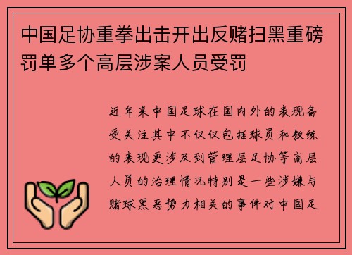 中国足协重拳出击开出反赌扫黑重磅罚单多个高层涉案人员受罚